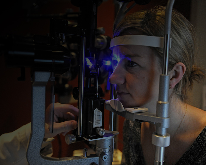A patient getting an eye exam at the University of Maryland Eye Associates