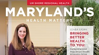 Melanie Chapple stands next to a patient seated in a chair on the cover of the spring 2024 issue of Maryland's Health Matters.