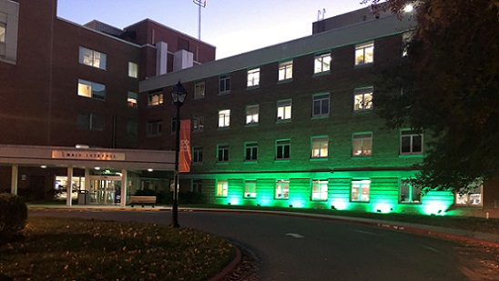 UM Shore Medical Center at Easton is lit up in green lights to honor veterans for Veterans Day.