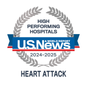 A high performing hospitals badge from U.S. News & World Report awarded to UMMC for heart attack.